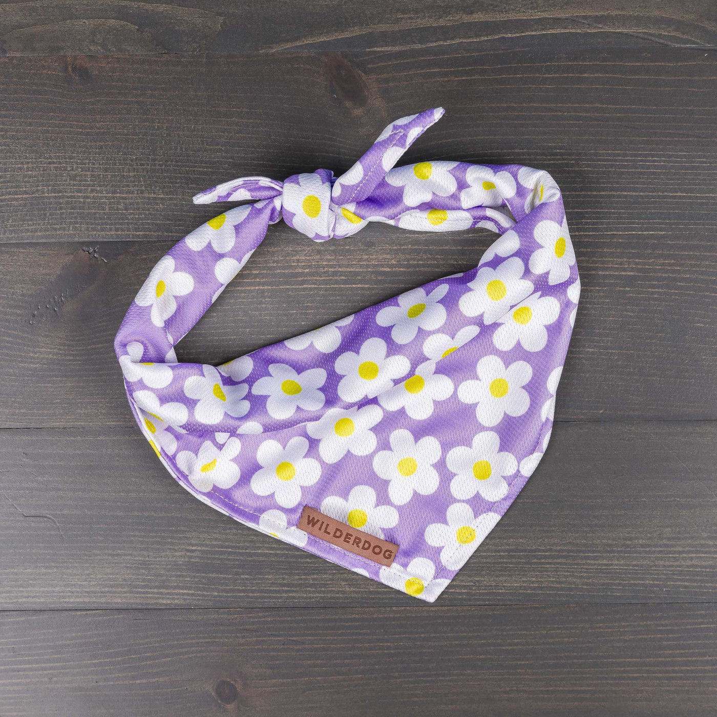 A folded Daisy Bandana, featuring a purple background adorned with a pattern of white and yellow flowers, lies on a dark wooden surface. It includes a small label with the brand name "Wilderdog" and is part of their dog trail gear collection.