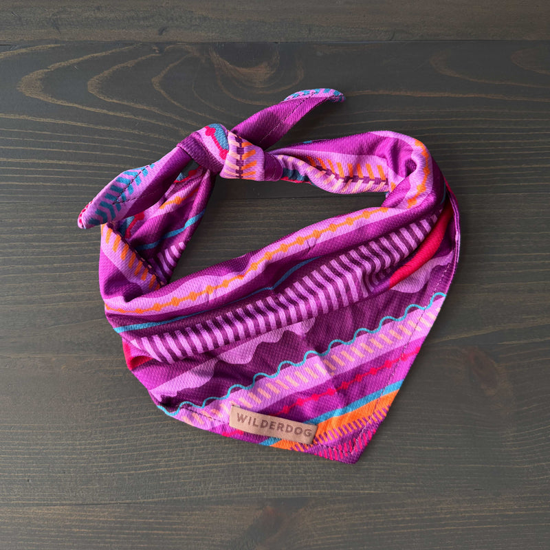 The Dawn Bandana, a stylish dog trail accessory with a purple base and pink, blue, orange, and white geometric patterns and zigzags, is neatly folded on a dark wooden surface. Made from poly-blend mesh, it features a "Wilderdog" fabric label.