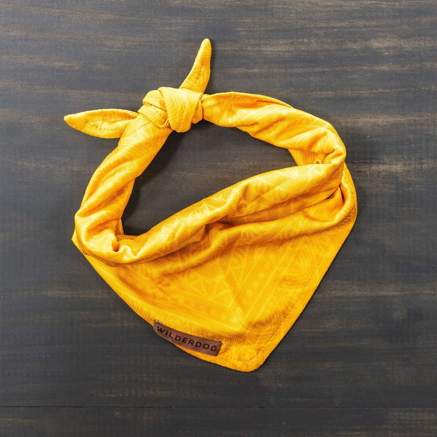 A mustard-colored cooling bandana is tied in a knot at the top, featuring a branded "Wilderdog" tag at the bottom edge. Ideal for dog trail accessories, it is displayed flat on a dark wooden surface.