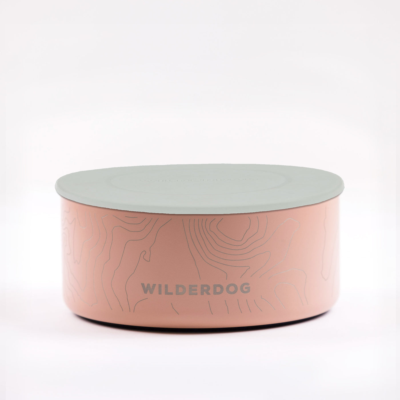 Introducing the Stainless Steel Dog Bowl: A pink cylindrical bowl adorned with contour line designs and featuring a gray lid. Crafted from BPA-free stainless steel, it guarantees both safety and durability. The front of the bowl showcases the word "WILDERDOG" against a pristine white backdrop.