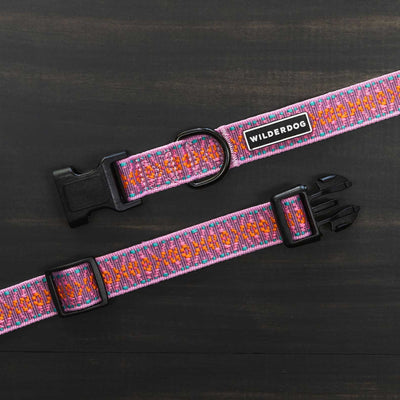 Introducing the Lilac Ultralight Collar: A vibrant dog collar from the Ultralight Collection, showcasing an intricate pattern of red, blue, and pink hues set against a dark backdrop. Constructed with durable nylon webbing, it features a black side-release buckle, a black D-ring, and proudly displays the "WILDERDOG" brand name on a chic black and white label.