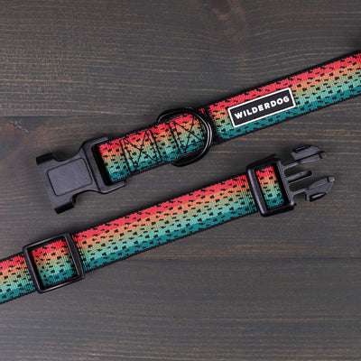 The Trout Ultralight Collar is a colorful dog collar with an adjustable strap, featuring a gradient pattern in shades of red, orange, green, and black. Part of the Ultralight Collection, it boasts a heavy-duty plastic clip and ultralight nylon webbing. The brand name "Wilderdog" is displayed on a white tag.