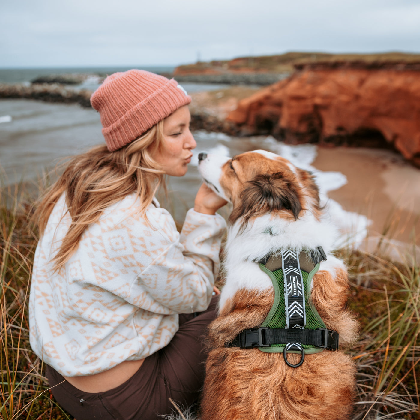 A person wearing a pink beanie and a patterned sweater leans in to kiss their dog, which is sitting beside them. The dog is sporting the Dog Harness in green, designed with lightweight mesh and reflective fabric strips. They are seated on a grassy area near coastal cliffs, with the sea in the background under an overcast sky.