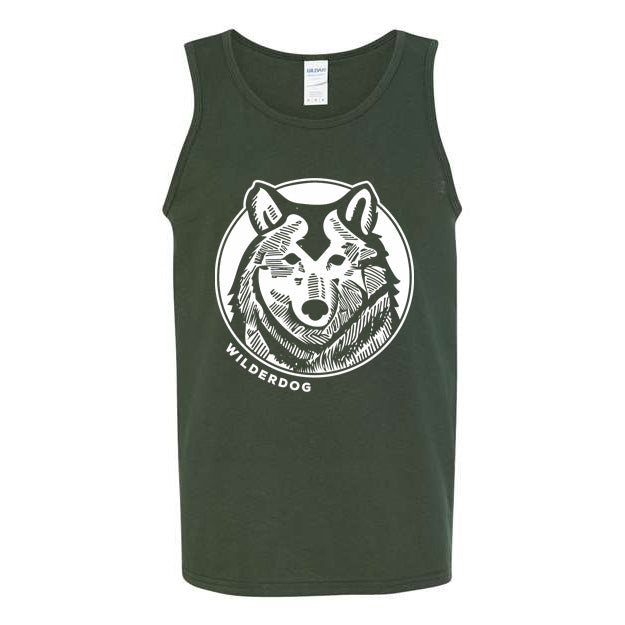 The Wilderdog Wolf Tank is a dark green sleeveless pup tank that features a white graphic design of a wolf's face within a circle. Below the wolf logo, the word "WILDERDOG" is written in white capital letters. Crafted from Gildan Heavy Cotton for durability and comfort.